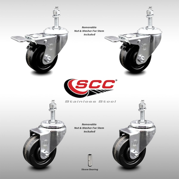 Service Caster 3 Inch SS Phenolic Swivel 3/8 Inch Threaded Stem Caster Total Lock Brake, 2PK SCC-SSTSTTL20S314-PHS-381615-2-S-2 - main